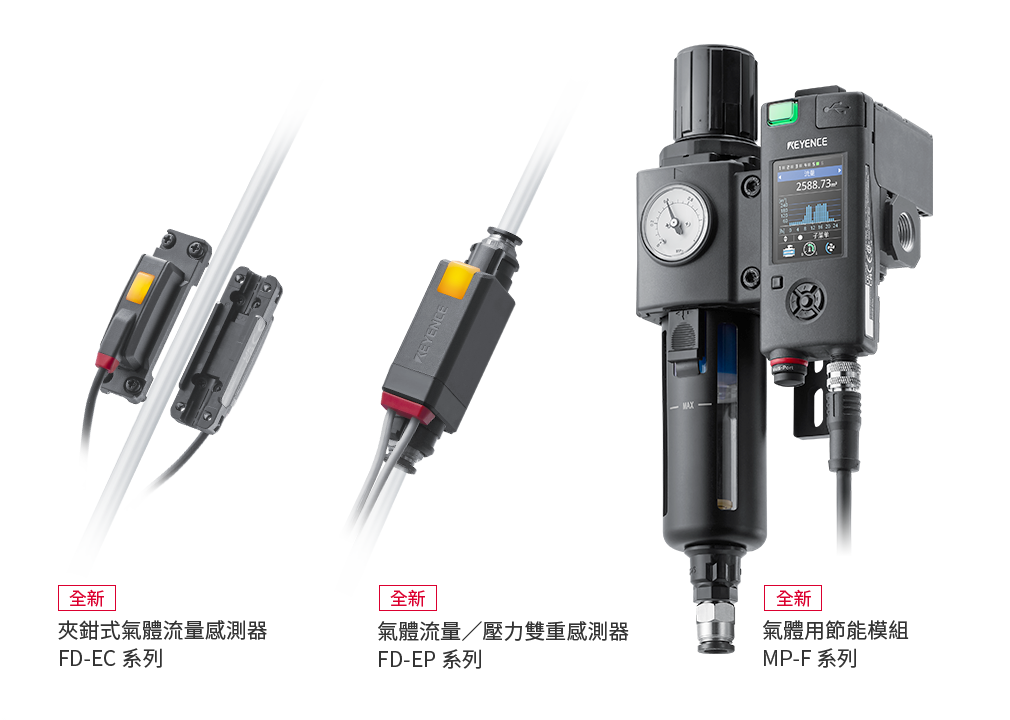 全新 夾鉗式氣體流量感測器 FD-EC 系列，全新 氣體流量／壓力雙重感測器 FD-EP 系列，全新 氣體用節能模組 MP-F 系列