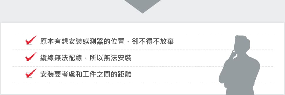原本有想安裝感測器的位置，卻不得不放棄 / 纜線無法配線，所以無法安裝 / 安裝要考慮和工件之間的距離